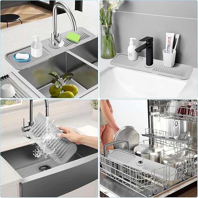 Faucet Mat for Kitchen Sink Upgraded Premium Silicone Splash Guard with Fast Drying Properties Protective Sink Tray Ideal for Stone Sinks in Kitchen & Bathroom (Gray, 17.5"x5.5")