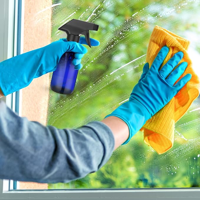 Fumete 2 Pack Glass Bottles 4oz Empty Refillable Liquid Containers with 1 Label 1 Funnel for Essential Oils Hair Travel Plants Cleaning Skin Care (Spray Bottle, Blue, Black Top)