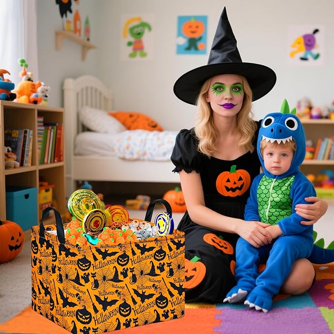 Halloween Storage Basket Pumpkin Ghost Gift Basket for Kids Foldable Toy Box Waterproof Organizer Bin Laundry Nursery Hamper for Home Office Dorm Closet Shelf