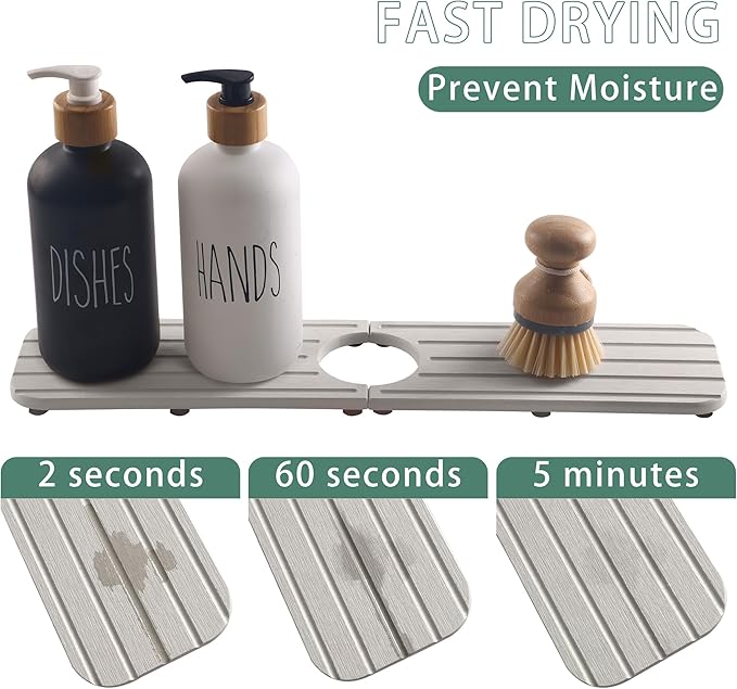 17inch x 4inch Kitchen Sink Faucet Mat, Water Absorbing Stone Faucet Splash Guard for Bathroom Counter, Quick Drying Diatomite Tray for Kitchen Sink, Light Gray