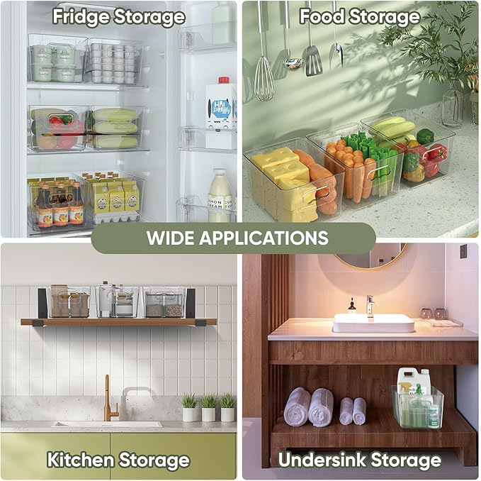 BALEINE Clear Plastic Storage Bins, Pantry Organization, BPA Free Stackable Refrigerator Organizers and Storage with Handles for Kitchen Fridge Cabinet Bathroom (4PK, 9.5x5.5x4.5)
