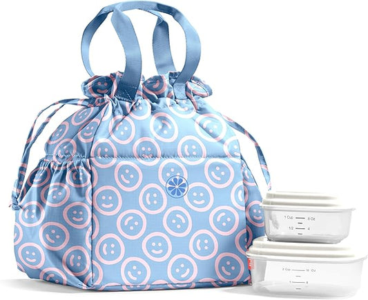 Fit & Fresh Cromwell Drawstring Lunch Bag for Women, Complete Lunch Set with 2 Containers, Stain-Resistant, Leak-Resistant, Back to School Essential, Teacher Lunchbox, All Smiles Bubble Gum