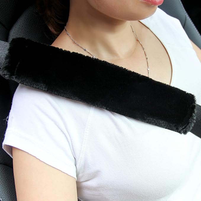 Amooca Soft Faux Fur Universal Fit Seatbelt Cover Car Truck SUV Airplane Seat Belt Shoulder Pad for Carmera Backpack Straps Neck Cushion Protector 2 Pack 10.5in Black