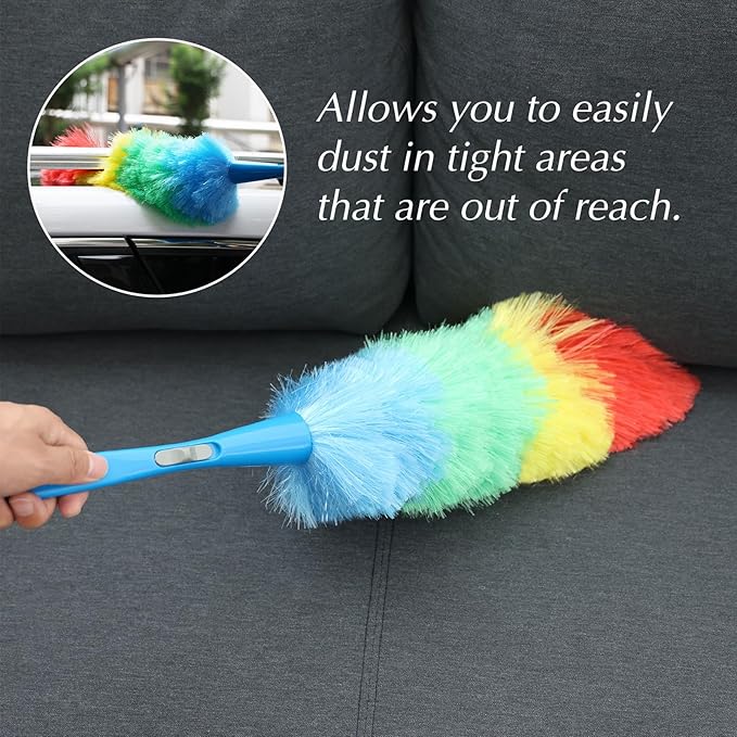 iHUFeather Rainbow Static Duster 24inch Reusable Microfiber Electrostatic Dusters with 2 Beandable and Washable Duster Head for Cleaning Home, Office, Car