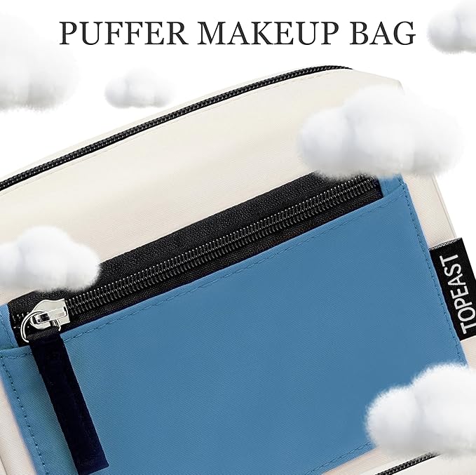 TOPEAST Makeup Bag, 2Pcs Travel Cosmetic Bag for Women, Portable Toiletry Pouch Set, Wide-Opening Waterproof Makeup Purse Organizer, Beige Blue