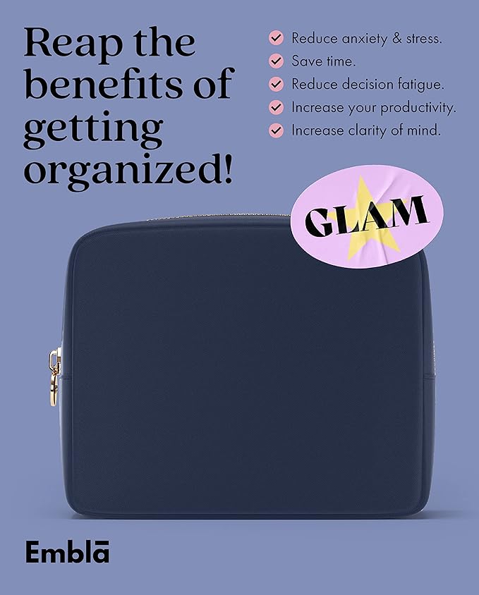 Embla Makeup Bag Travel Cosmetics Pouch and Toiletry Bag, Nylon Zipper Pouch Purse, Cute Make Up Organizer Storage Tote for Women Girls, Travel Skincare Case, Large Makeup Bags, Sapphire