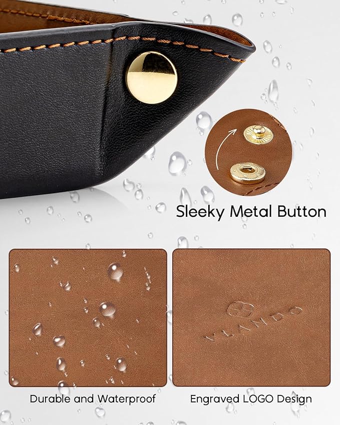 Valet Tray for Men Women, Nightstand Organizer Vanity Catchall Holder for Dresser Desk Storage Bedside, Travel PU Leather Jewelry Key Bowl Coin Watches and Candy Entryway Tray - Large, Light Brown