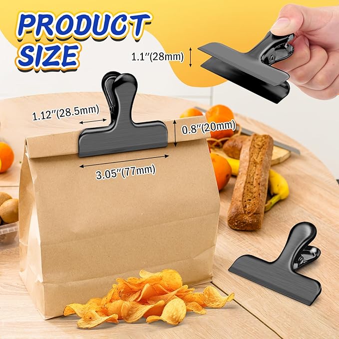 VNDUEEY 24 Pack Stainless Steel Chip Bag Clips, Chip Clips for Food Bags, Heavy Duty Clip for Kitchen and Office to Seal Coffee Bags, Paper Sheets, Airtight Seal - 3 Inches, Black