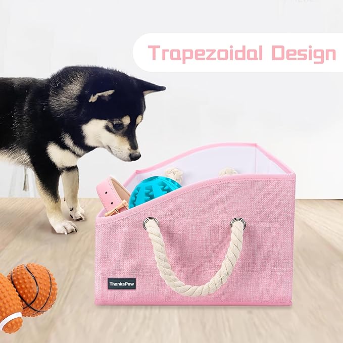 Collapsible Fabric Dog Toy Box and Storage Bin With Handle - Trapezoid Basket Chest Organizer for Pet Toys, Blankets and Accessories, Pink