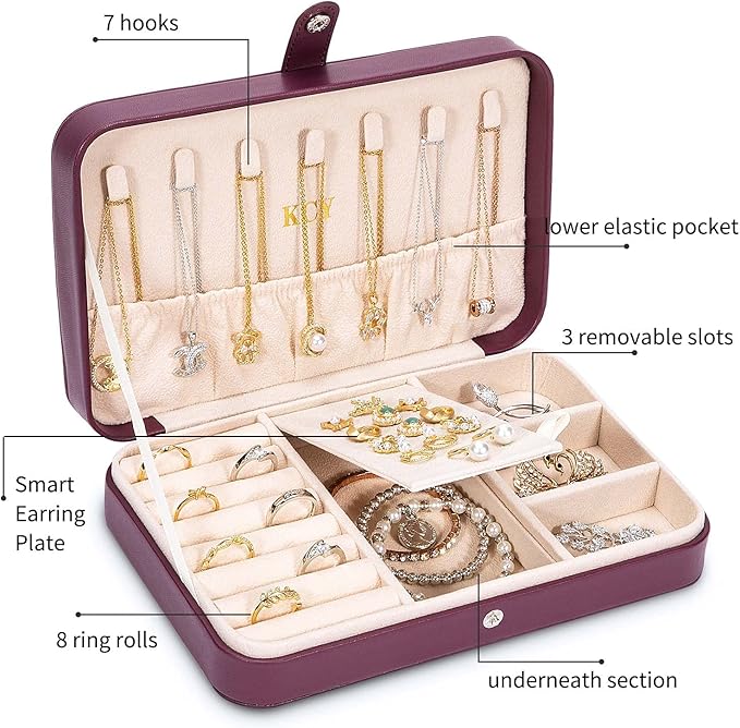 KCY Travel Jewelry Organizer Box for Women Girls, Small Travel Jewelry Case, PU Leather Portable Jewellery Storage Boxes Display Holder for Ring Earrings Necklace Bracelet Bangle, Gifts, Purple