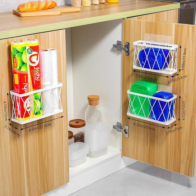 YIGII 3 Pack Adhesive Cabinet Door Organizer - Lid Storage Organizer for Tupperware, Wall Mounted Pantry Door Organizer Kitchen RV Storage Wall Under Sink Basket Slim Space, White Stainless Steel