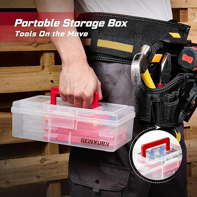 Plastic Tools Box Set, 7Pieces Red Transparent Portable Storage Case for Various Tools and Small Parts Accessories Storage Organizer