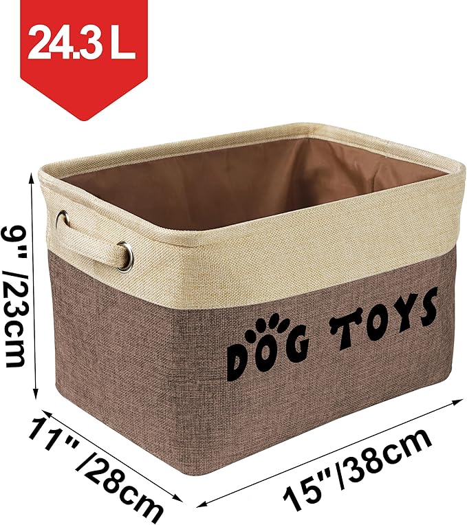 PET ARTIST Dog Toy Basket, Collapsible Dog Toy Bin Box with Comfortable Handles, Large Pet Toy Storage Organizer for Accessories, Toys, Coat & Clothing, Blanket & Leash, Brown, 15"x11"x9"
