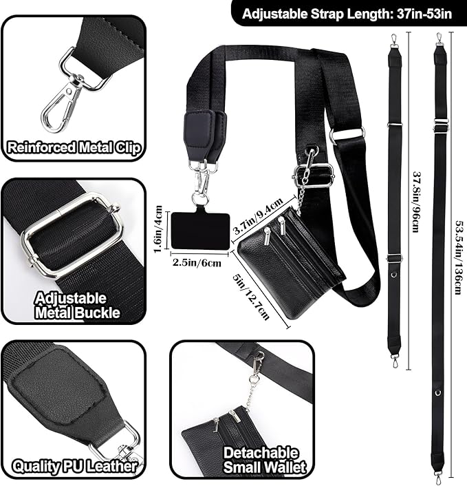 XANGNIER Clip and Go Strap for Phone with Wallet Crossbody, Phone Strap with Zippered Wallet, Adjustable Anti Theft Cellphone Lanyard for Women, Cellphone Chain Accessories, Black