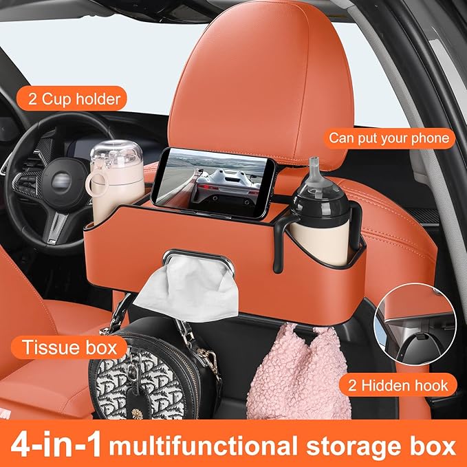 Sancaral Car Rear Backseat Extra Multifunctional Drink Cup Holder Organizers with Tissue Storage Box Organizer & Hooks for Car Seat Back. Orange