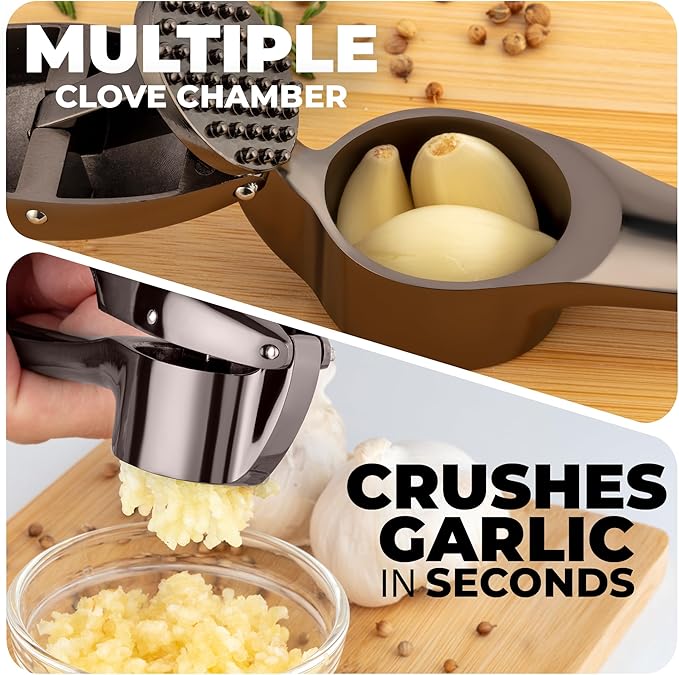 Zulay Kitchen Large Premium Garlic Press Set – Rust Proof & Dishwasher Safe, Bigger Bowl Garlic Mincer Tool with Silicone Garlic Peeler & Brush, Easy Squeeze & Clean, Ergonomic Handle - Dark Gray