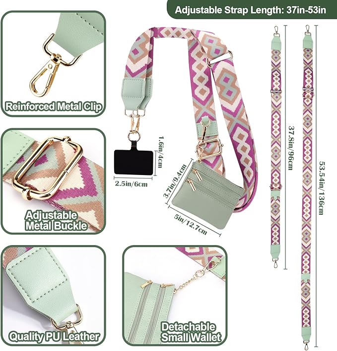 XANGNIER Clip and Go Strap for Phone with Wallet Crossbody, Phone Strap with Zippered Wallet, Adjustable Anti-Theft Cellphone Lanyard for Women, Cellphone Chain Accessories Green