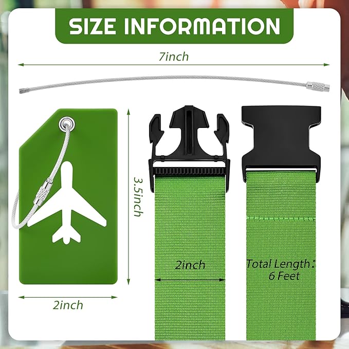 Weewooday 8 Pcs Luggage Straps Suitcase Tags Set for TSA Approved, 4 Travel Adjustable Suitcase Belt, 4 Silicone Luggage Tags with Name ID Card Travel Accessories(Green,Airplane)