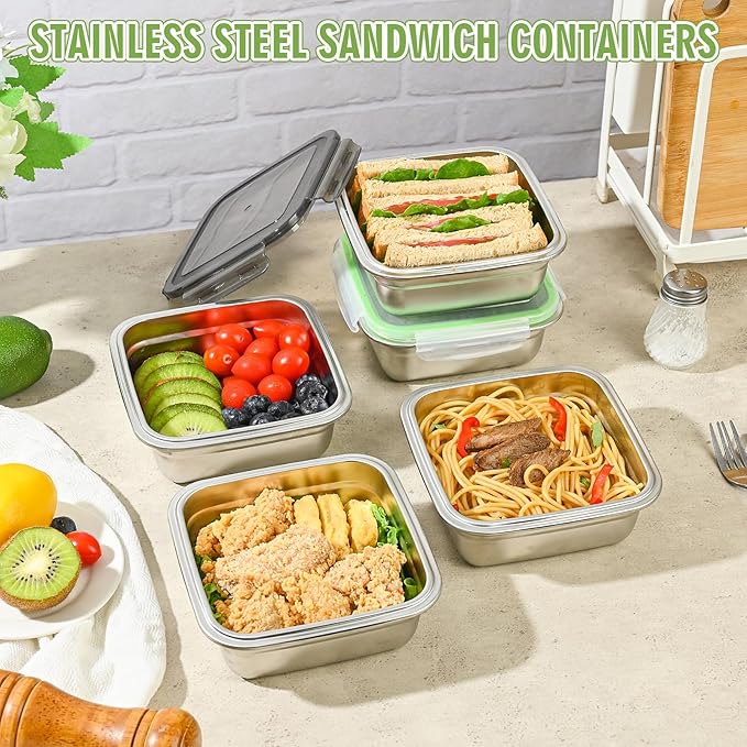 4 Pack 24oz Stainless Steel Sandwich Containers with Airtight Leak-Proof Lids, Reusable Metal Lunch Boxes for Meal Prep, Bento, Snack, Travel & Family, BPA-Free Dishwasher Safe (Green, Black)