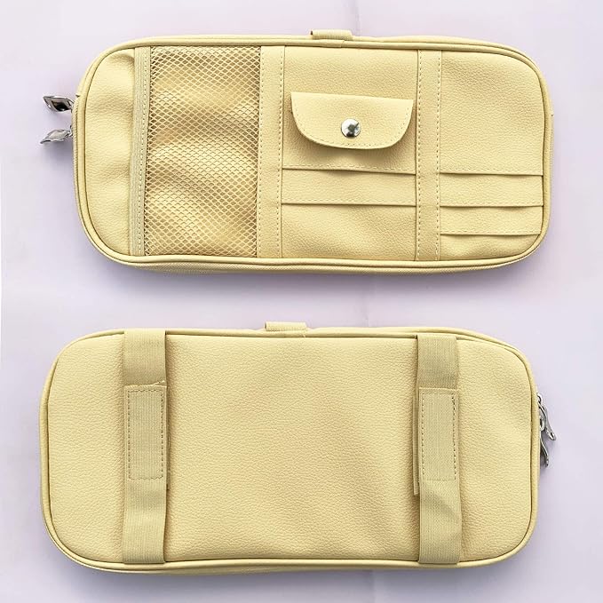 Da by Car Sun Visor Organizer, Multi-Pocket Visor Organizer Storage Pouch for Cars, SUVs & Trucks with Double Zippers, Elastic Bands & Glasses Clip- Organizes Essentials Keep Tidy (Beige Light Yellow)