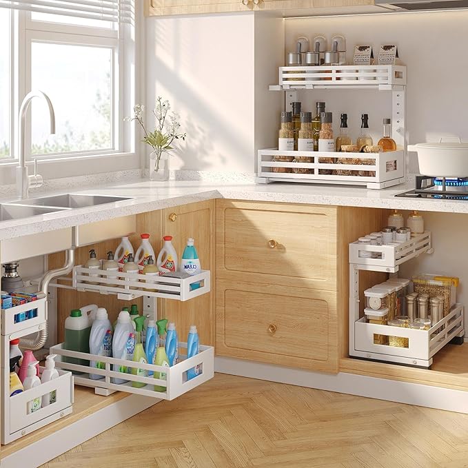 1-Pack Under Sink Organizers and Storage, 2-Tier L-Shape Pull Out Cabinet Organizer with Round Tube Slide Rails, Height Adjustable Slide Out Drawers for Kitchen & Bathroom, Multi-Purpose Storage Shelf - White