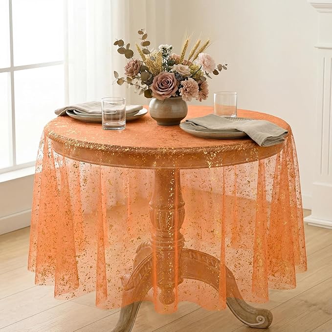 Horaldaily Orange Gold Gauze Tablecloth 60x60 Inch Round, Orange Sequin Glitter Metallic Foil, Sheer Tulle Cheesecloth for Wedding Baby Shower Ceremony Birthday