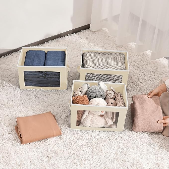 Fabric Storage Bins with Lids, Storage Cubes with Window, Decorative Storage Boxes Baskets for Organizing, Closet Organizer Storage Bins for Home, Office, 3 Packs, Beige