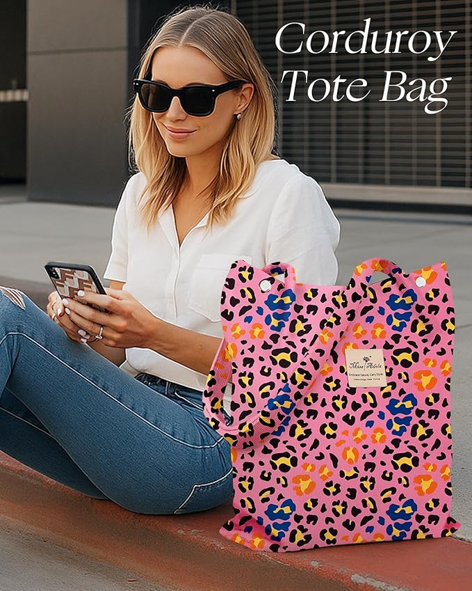 Miss Adola Corduroy Tote Bag for Women - Reusable Totes with Pocket & Buckle Cute Aesthetic Shoulder Bag for Work Travel