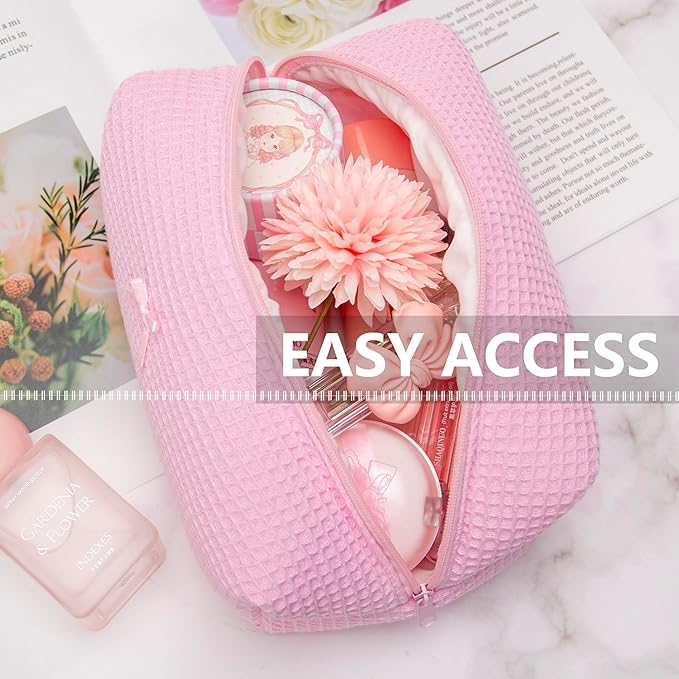 Cozy Makeup Bag Travel Cosmetic Bag for Women Soft Toiletry Bag Aesthetic Makeup Organizer Portable Large Zipper Pouch for Skincare Beauty Accessories Brushes Walffle Check Pink