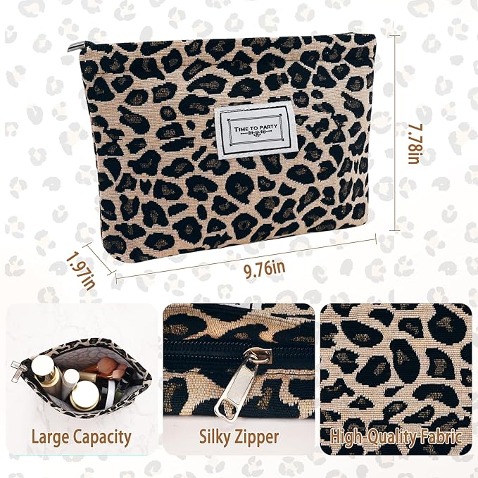 ZLFSRQ Leopard Makeup Bag Cute Cosmetic Bags for Women Cheetah Makeup Bag Canvas Large Capacity Travel Toiletry Bags Aesthetic Cosmetic Pouch for Purse Portable Zipper Skincare Storage Organizer