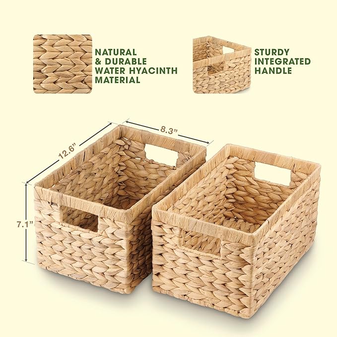 SODAANUS Water Hyacinth Storage Baskets Set of 2 - Medium Decorative Wicker Baskets for Organizing Shelves, Rectangular Woven Storage Bins with Handles for Pantry, Bathroom, Living Room 13"x9"x7"
