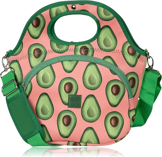 Made Easy Kit Large Insulated Lunch Tote Bag – Stylish Neoprene Carrier Foil Lining, Front Zipper Pocket & Shoulder Strap – Machine Washable, Lightweight, Travel Ready (Green Pink Avocado)