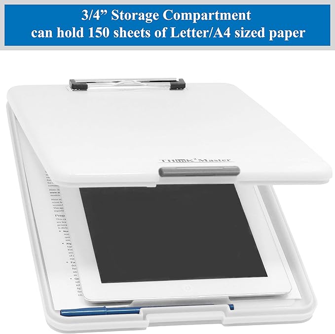Think2Master White Plastic Storage Clipboard. | 25% Heavier & 25% Sturdier| Heavy Duty and Won’t Flex or Bend Like Other Brands (Compare The Weight). Storage Compartment Holds 150 Letter Sized Paper.