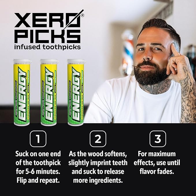 Xero Picks Energy Caffeine Flavored Toothpicks B12 for Focus & B6, 60 Picks (Pack of 3) (Sour Apple) Sugar-Free Alternative to Energy Mints & Gum - Kosher