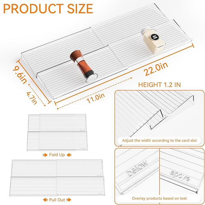 Yieach 4 Pack Adjustable In Drawer Spice Organizer - Expandable From 11" to 22" - Clear Acrylic Seasoning Organizer with Jars for Kitchen Drawer,Horizontal Tiered Kitchen Spice Organization & Tray
