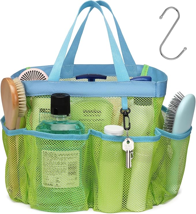 F-color Mesh Shower Caddy Portable, Upgraded Deeper 7 Pockets Shower Bag Basket Bag Tote for College Dorm Room Toiletry Bathroom Essentials Gym Camp Quick Dry 2 handles with S Hook