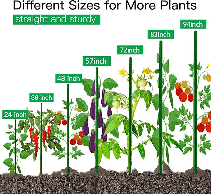 Garden Stakes 57 Inch, Approx 5ft Steel Plant Stakes 25 Pack for Gardening and Farm, 57" Plastic Coated Plant Support for Tomato, Cucumber, Bean, Flower, Potted More Climbing Plants