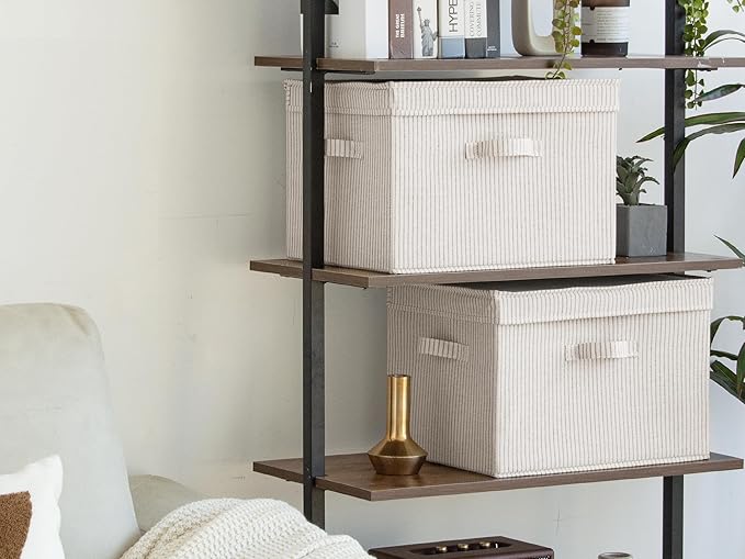 StorageWorks Fabric Storage Bins with Lid, Decorative Storage Boxes for Shelves, Stackable Closet Organizer Basket with Handles, Jumbo, Gray and White Stripes, 2-Pack
