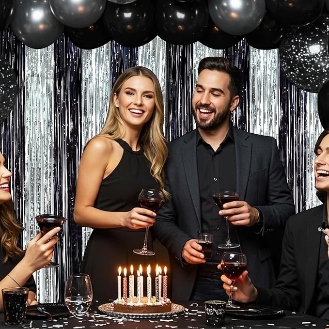 BEISHIDA 2Pcs Black Silver Door Streamers Congrats Grade 2025 Decoration Backdrop Foil Fringe Tinsel Party Streamers Curtains for Birthday Graduation Bachelorette Party Decorations (3.28 ft x 6.56 ft)