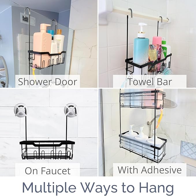 Heavy-Duty Black Hanging Shower Caddy with Rotatable Hooks and Adhesives - Rust-Proof 304 Stainless Steel - Bathroom Caddy for Organizing Your Shower Essentials