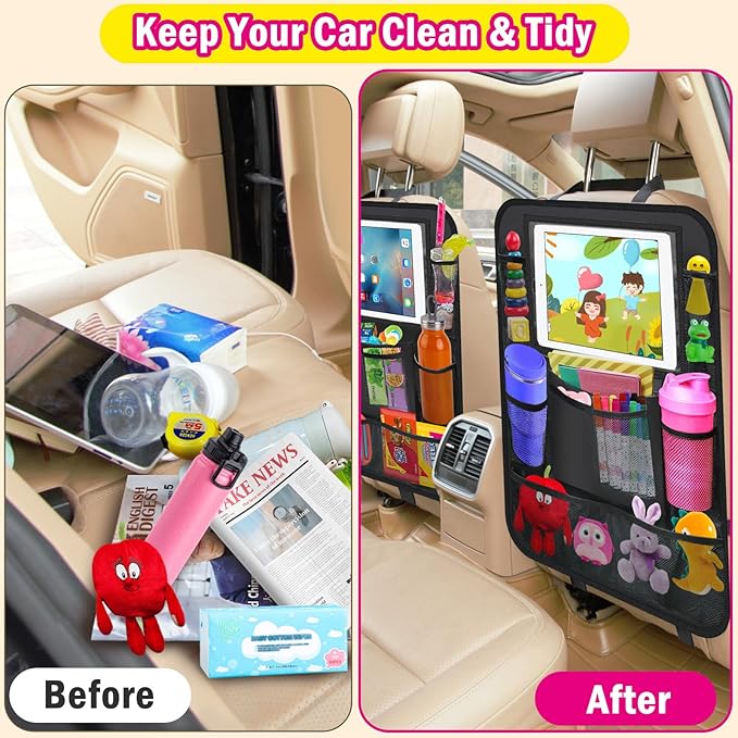 2 Pack Car Backseat Organizer, Car Seat Organizer Kick Mats Back Seat Protector with 11" Tablet Holder, Car Storage Organizer for Kids,10 Storage Pockets Travel Accessories