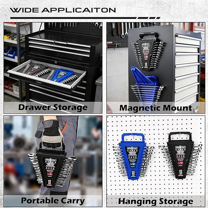 2-Piece Magnetic Wrench Organizer, 24-Slot Wrenches Holder Set with Lock Cover Metric 6–18mm & SAE 1/4-3/4", Wrench Rack Tool Trays with Carrying Handle for Wall Mount Toolbox Drawer Storage