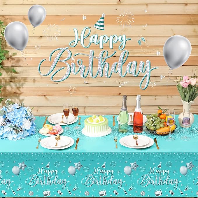 Tudomro 3 Pcs Happy Birthday Tablecloths Happy Birthday Party Decorations Plastic Table Cover Rectangular Cloths for Women Men Baby Shower Party Supplies, 108 x 54 Inch (Teal)