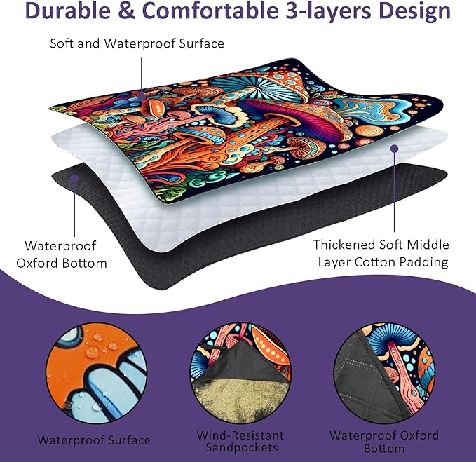 Mushroom Picnic Blankets Waterproof Foldable Picnic Outdoor Blanket 80"x 80" Picnic Mat 3-Layer Thicking Outdoor Foldable Blankets Sandproof Lightweight Beach Blankets with Strap Machine Washable