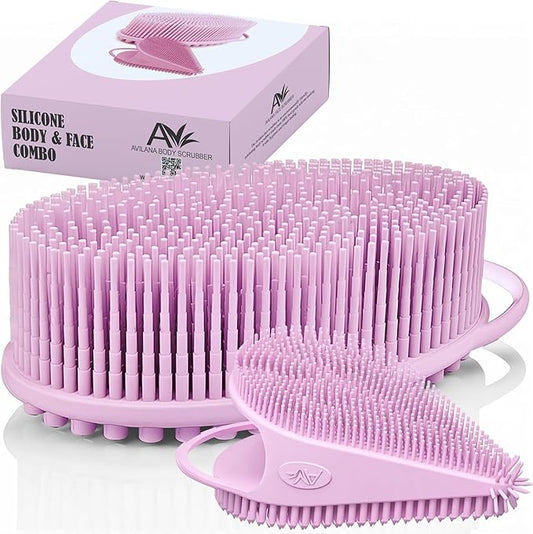 Body Face Scrubber Set Silicone - 2 Pack Shower Brush Facial Cleansing Kit - Avilana Bath Loofah Alternative Complete Skincare System Dual Sided - Gift Set Women Men