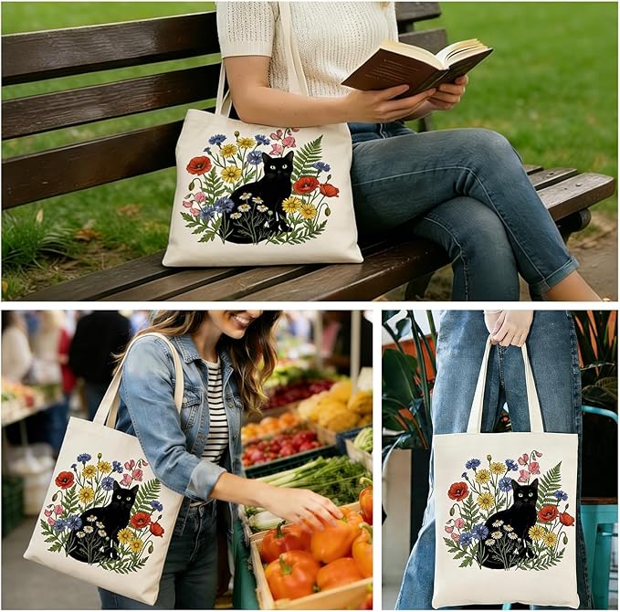 MOLOVA】Printed Canvas Tote Bag for Women - Inner Zipper Pocket & Magnetic Closure, Versatile Hand Shoulder Carry, 15x16 Inch Large Capacity for Work Travel Shopping, Cat and Flower