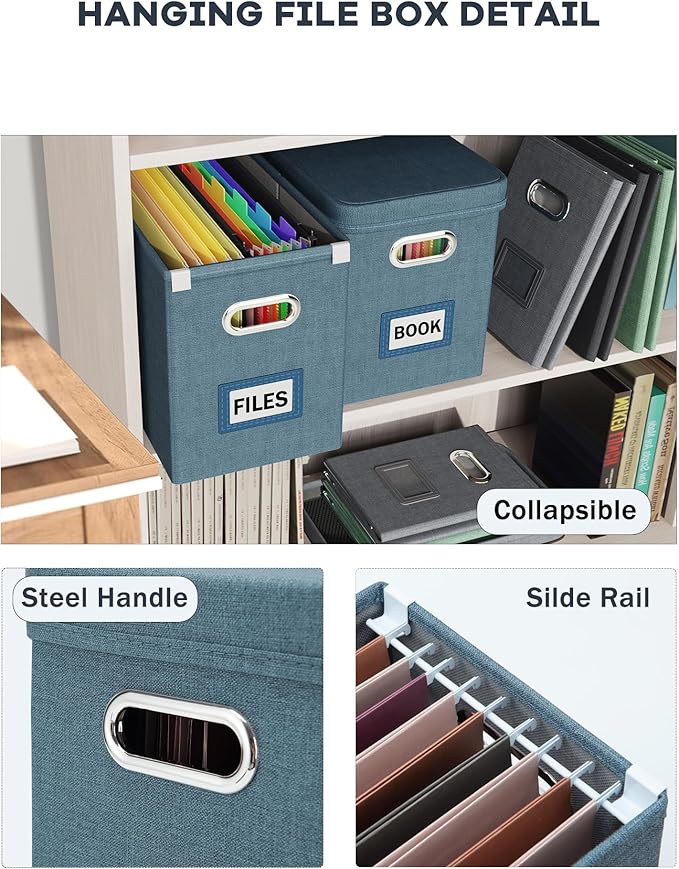 Oterri File Organizer with Lid, Hanging Filing Box with Mesh Pocket, Document Organizer for Letter Files, Portable Storage Box with Smooth Sliding Rail for Office&Home (2 PCS, Dark-blue)