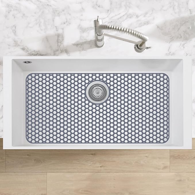 Silicone Sink Protectors for Kitchen Sink with Rear Drain - 28.3"x 15.7" Kitchen Protector Accessory, Non-Slip Heat Resistant Mat for Bottom of Farmhouse Stainless Steel Porcelain (Gray)