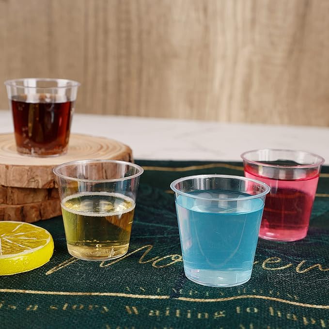 Zcaukya 100 Shot Glasses, 1oz Clear Plastic Disposable Hard Cups, Mini Cups Great Container for Sauce, Sample Tasting, Jello Shots, Pudding