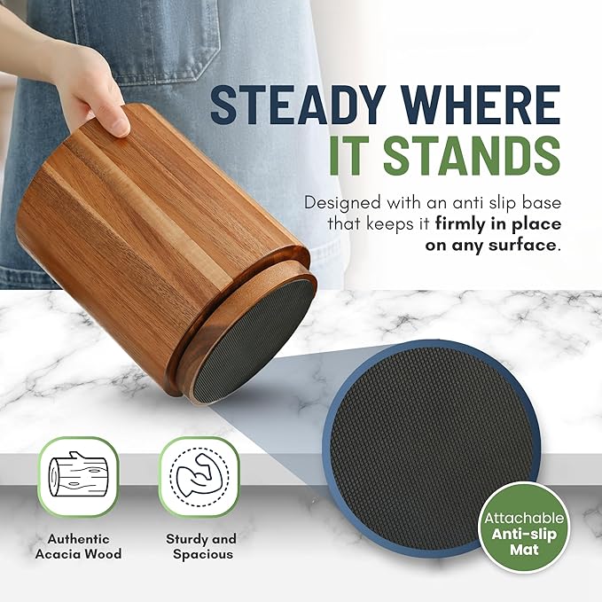 Linda's Essentials Acacia Wooden Utensil Holder for Kitchen Counter, 7.2" Wood Utensil Holder Counter, Kitchen Utensils Holder with 360° Rotation, Non-Slip Large Utensils Holders, Spatula Holders